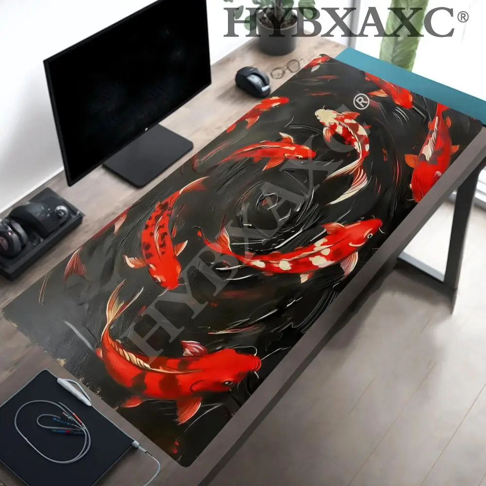 

HYBXAXC Black textured red koi big mouse pad, table pad, anti slip base, washable lock edge, suitable for office and home use