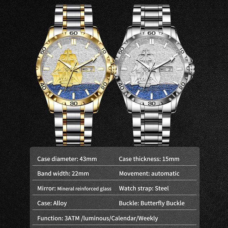 GLENAW Three Dimensional Sailing Dial Design Luxury Automatic Mechanical Watches Luminous waterproof Stainless Steel Strap Watch