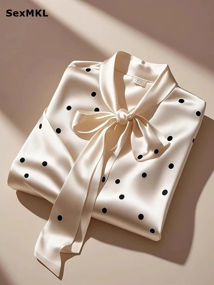 

Элегантные офисные атласные рубашки в горошек, женские свободные топы, повседневные рубашки с длинным рукавом и бантом, корейская мода, одежда Y2k, рабочая одежда, блузки OL