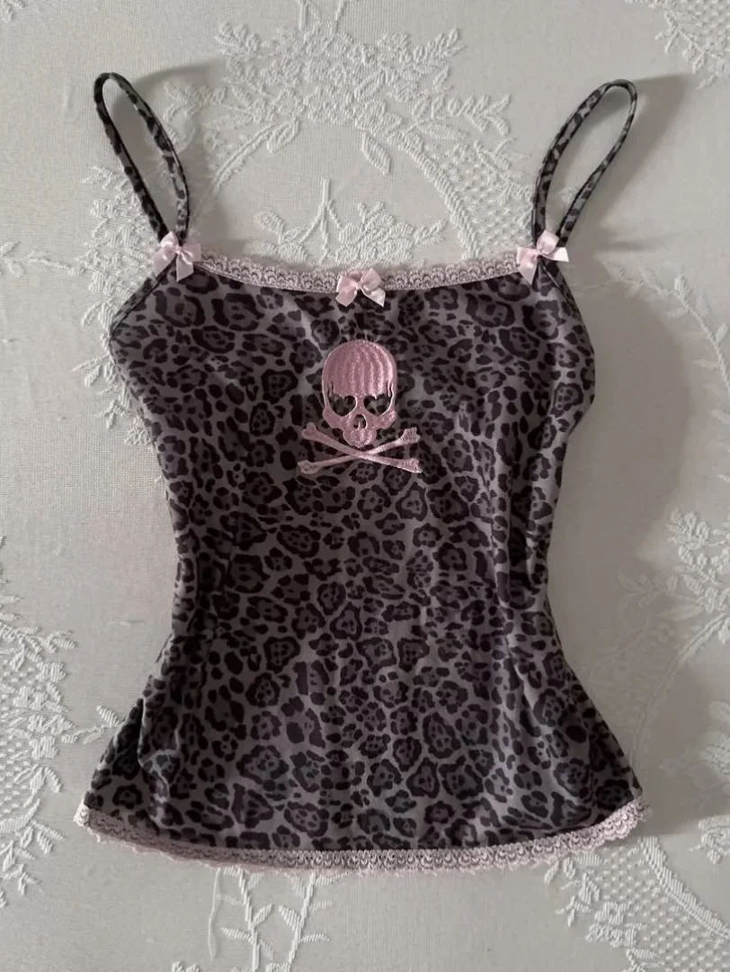 Goth T-shirt Y2k 2000s Leopard Print Punk Vintage Crop Top Aesthetic Harajuku Tank Top Woman Clothes Lace Tees Emo Basics Summer