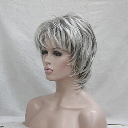 HAIRChain-Perruque synthétique en Y, cheveux bouclés, coupe pixie en couches avec frange, balayage en surbrillance, gris