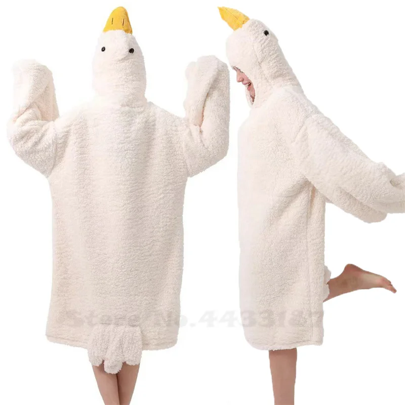 Thicken Coral Fleece Hooded Robe Nightgown Funny Big Goose Couple Cute Cartoon Home Wear Lounge Wear Halloween Cosplay Costumes