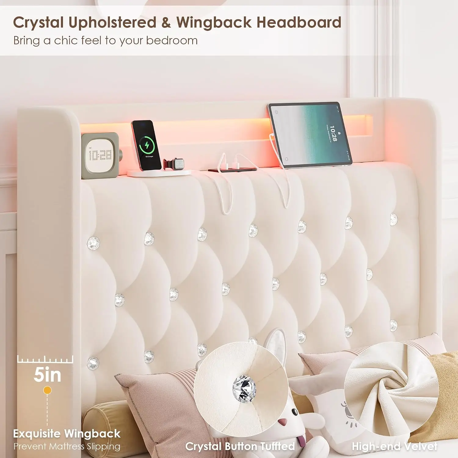 Upholstered Twin LED Bed Frame Storage Charging Headboard Beige, Customized image 5