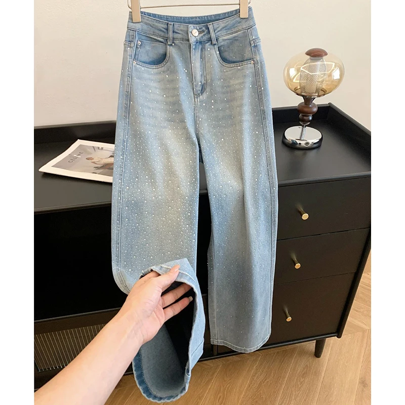 Light Blue Washed Rhinestone Wide Leg Jeans for Women High Waist Loose Straight Leg Denim Pants Casual Sparkling Trousers