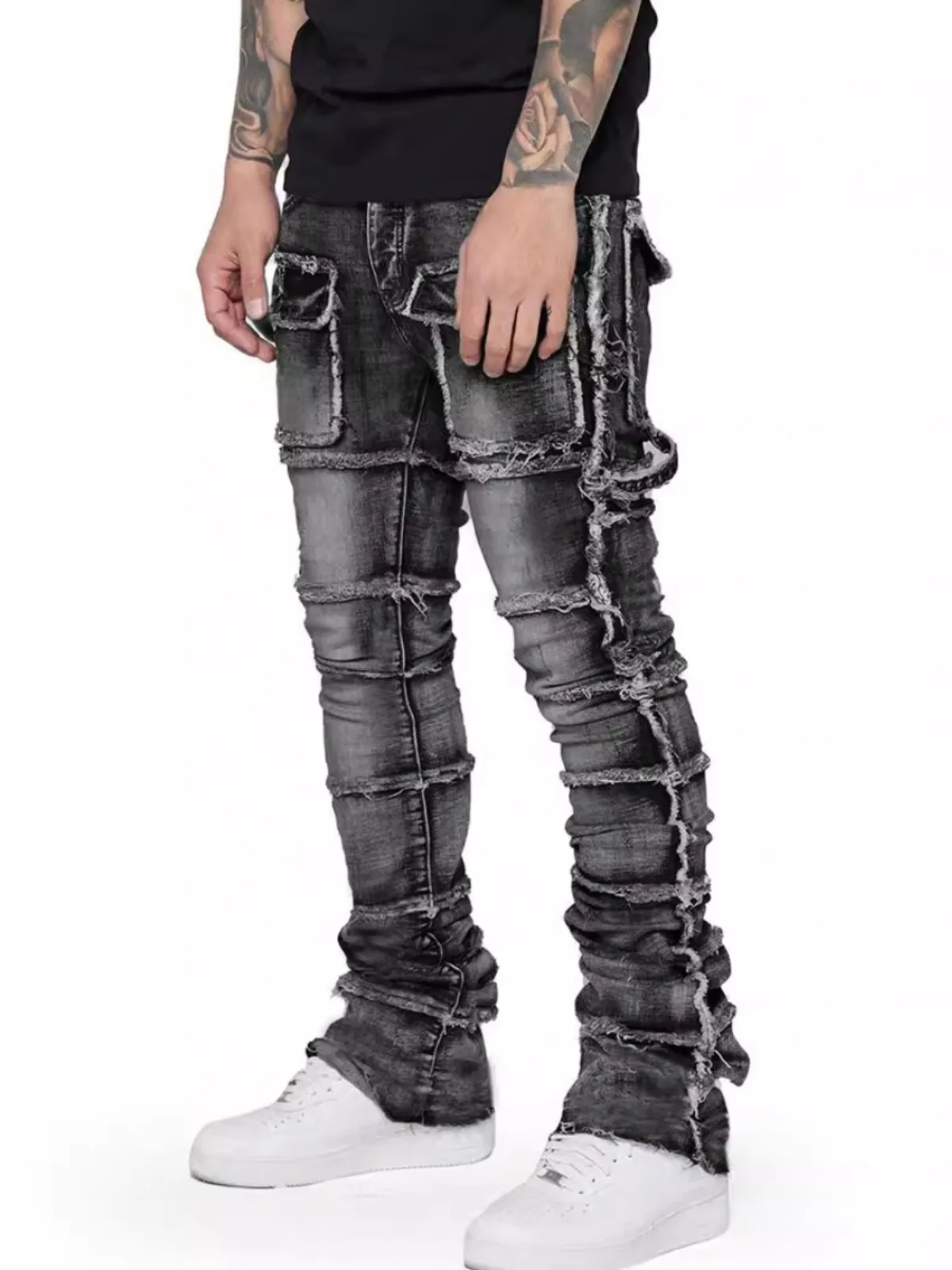 

Мужские джинсовые брюки-карго с прямыми штанинами, эластичные лоскутные длинные брюки, рабочая одежда, модные джинсы со средней талией и высокой эластичностью