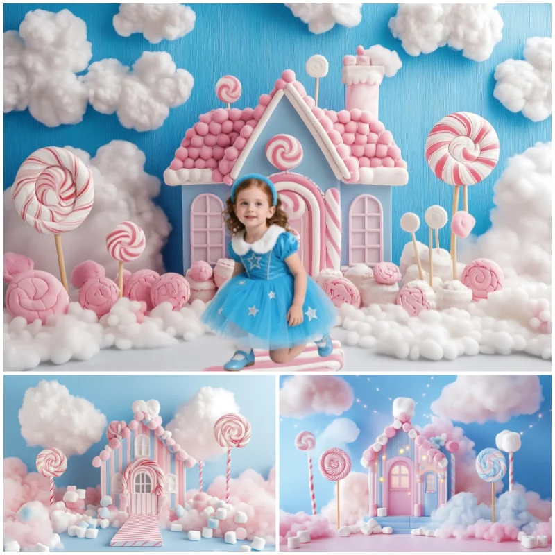 Fondo de Fotografía Casa de Jengibre Cielo Azul Nubes Blancas Tienda de Postres Piruleta Dulce Fiesta de Baby Shower Cumpleaños