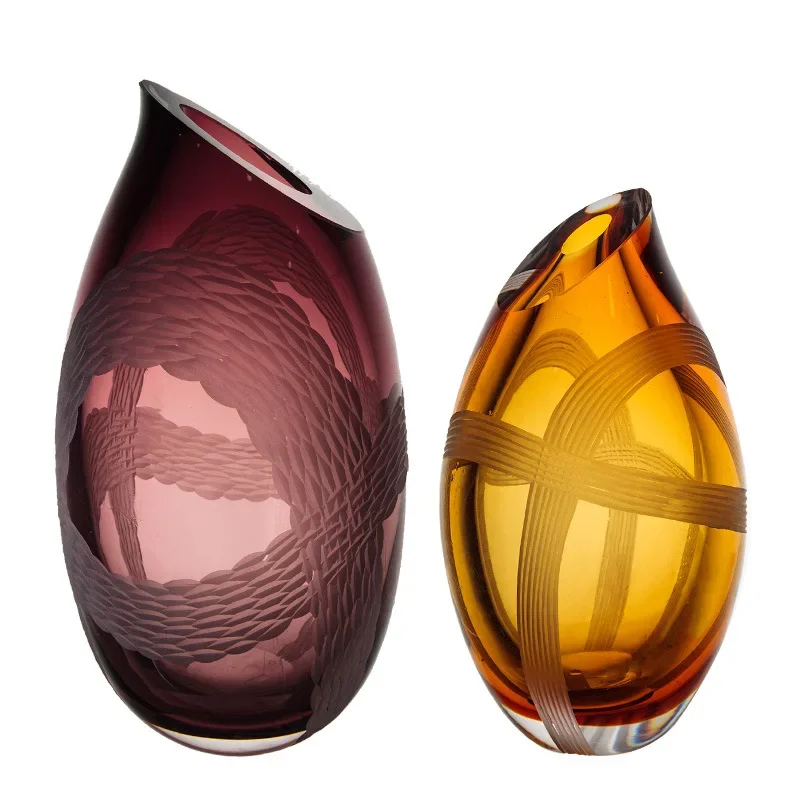 Color oblique crystal glass, hydroponic flowers, small mouth big belly, French light luxury vase
