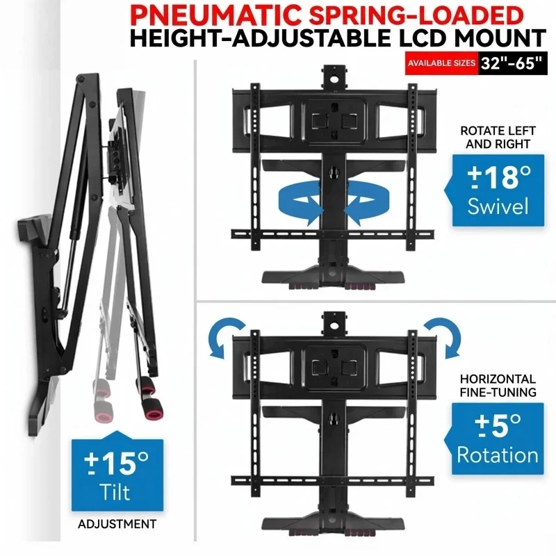 Gas Spring TV Wall Mount Bracket 32-65 Inch, Full Motion Height Adjustable Swivel Tilt Monitor Holder Load 32KG