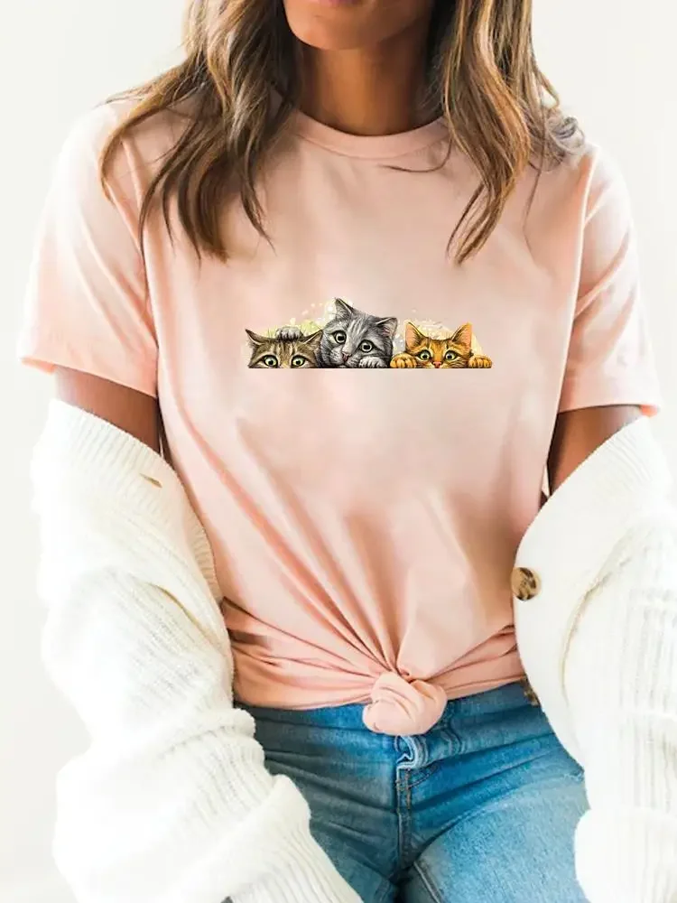 Cat Face Watercolor Trend Short Sleeve Print T Shirt Summer Top Basic Women Tee Clothes Fashion Clothing Graphic T-shirts