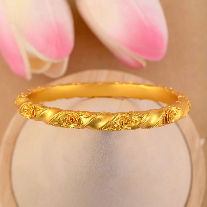 

Jewelry Store Same Rose Flower Bracelet, New Chinese Ancient Method 999 Solid Gold Plain Circle Bangle, Fine Craft