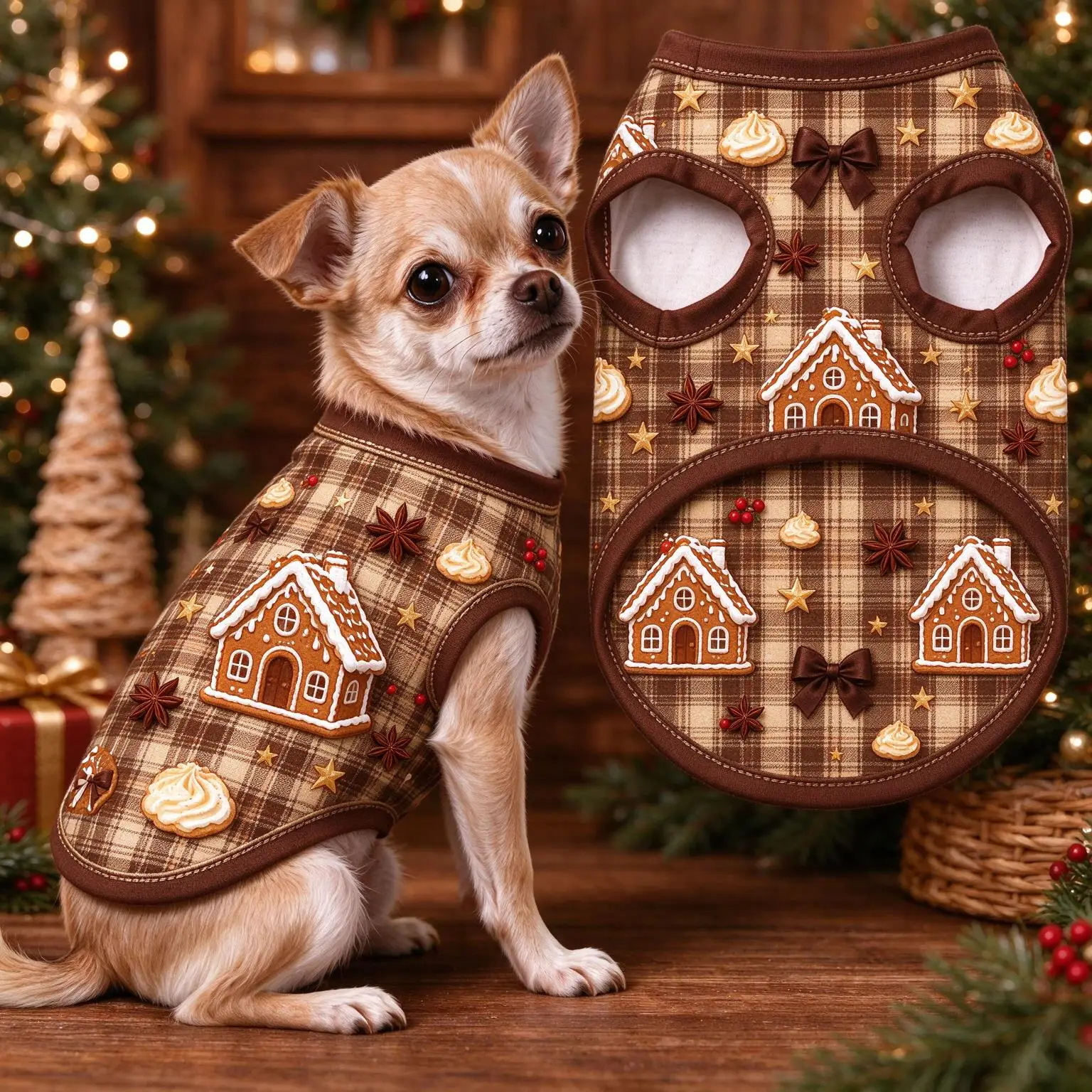 Cat & Dog Christmas Plaid Vest, Classic Xmas Gingerbread Gift Pattern Sleeveless Tank Top, Festive Pet Party Apparel