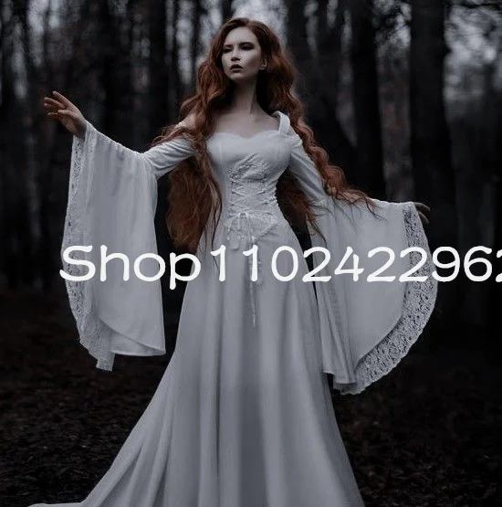 White Renaissance Fairy Tale Medieval Wedding Dresses long sleevee lace stain vintage costume halloween bridal gown customsized