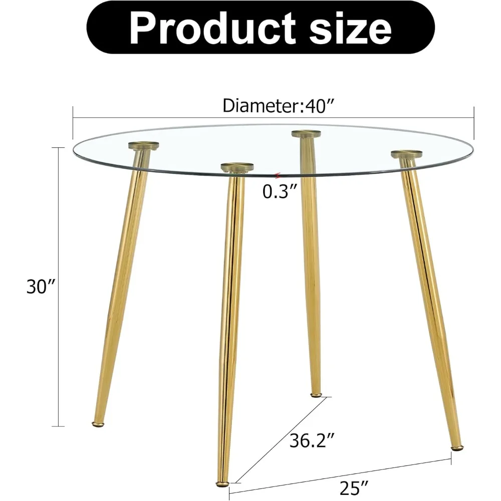 طاولة طعام زجاجية مستديرة، طاولة مطبخ مستديرة حديثة لـ 4 أشخاص، طاولة مطبخ ذهبية مع سطح زجاجي سميك 0.31 بوصة، غرفة طعام صغيرة Ta