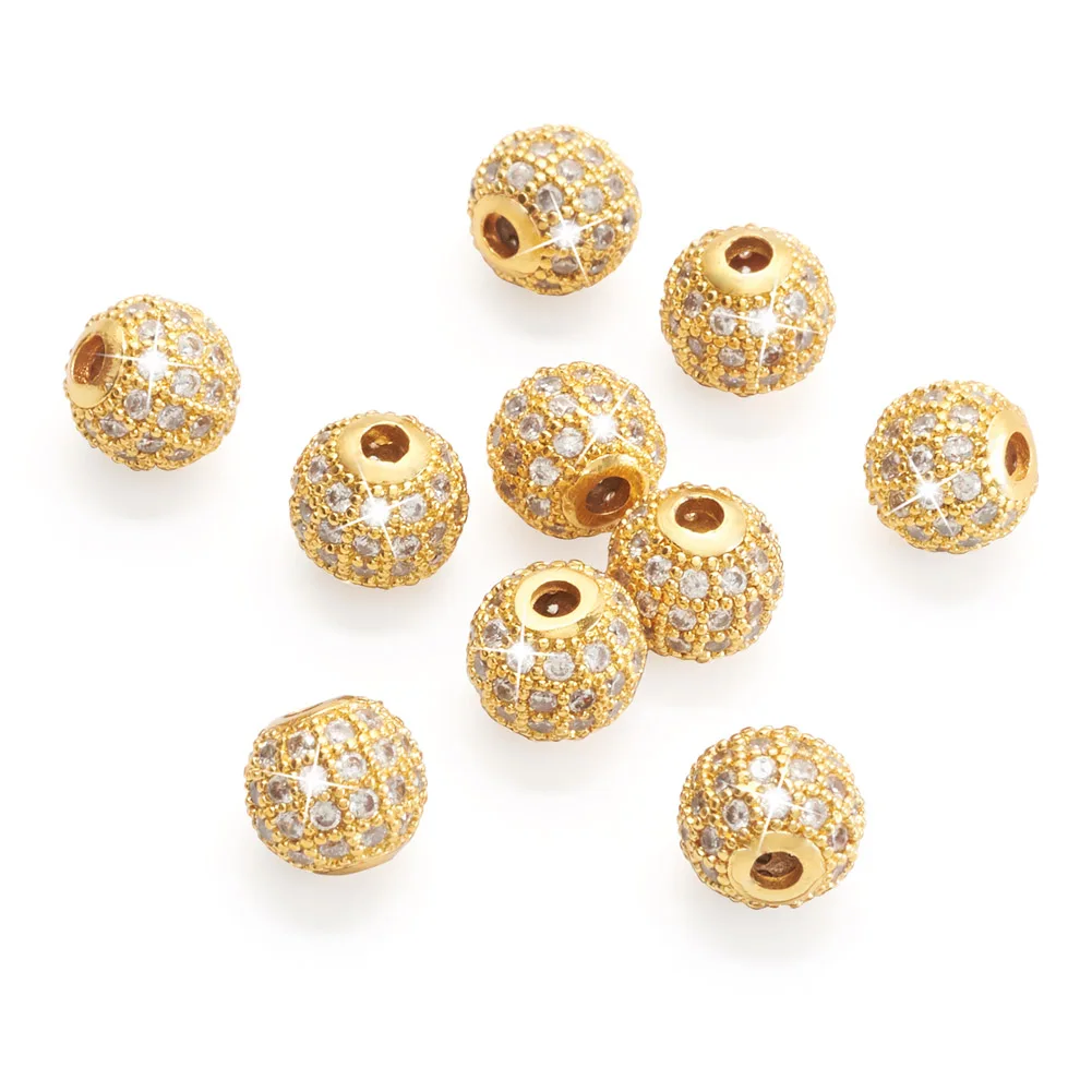 10pcs Brass Cubic Zirconia Beads 6mm 8mm Round Loose Spacer Beads for Jewelry Making DIY Bracelet Necklace Earring Findings