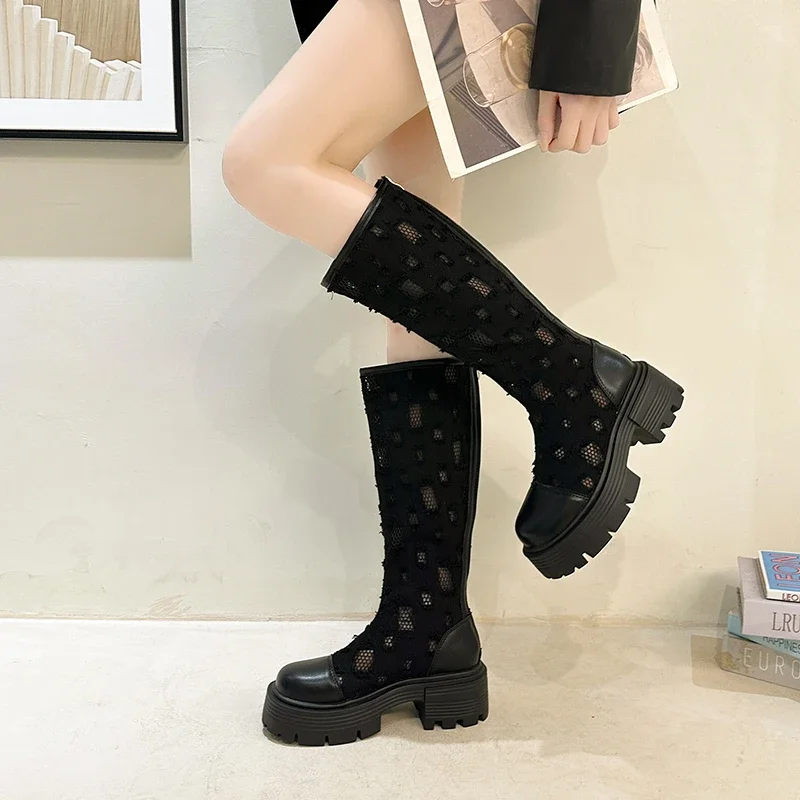 Mittel absatz Reiß verschluss Mesh Stoff lang ärmel ige Damen stiefel Schuhe für Damen 2024 neue Mode Sommer atmungsaktive reife Damen stiefel