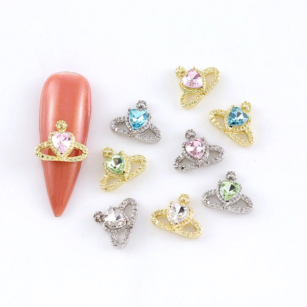 10 pz/lotto 3D lega pianeta Nail Art Charms colorato oro/argento metallo strass 11*9mm cuore saturno decorazioni parti del chiodo fai da te