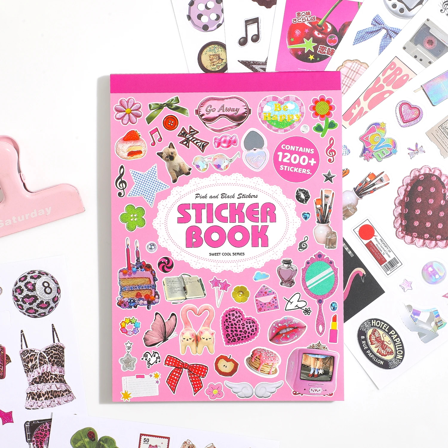1200Pcs+ Aesthetic Sticker Book, Sweet Cool Y2K Pink Decorative Stickers for Journal Scrapbook Craft Supplies for Adults Teens