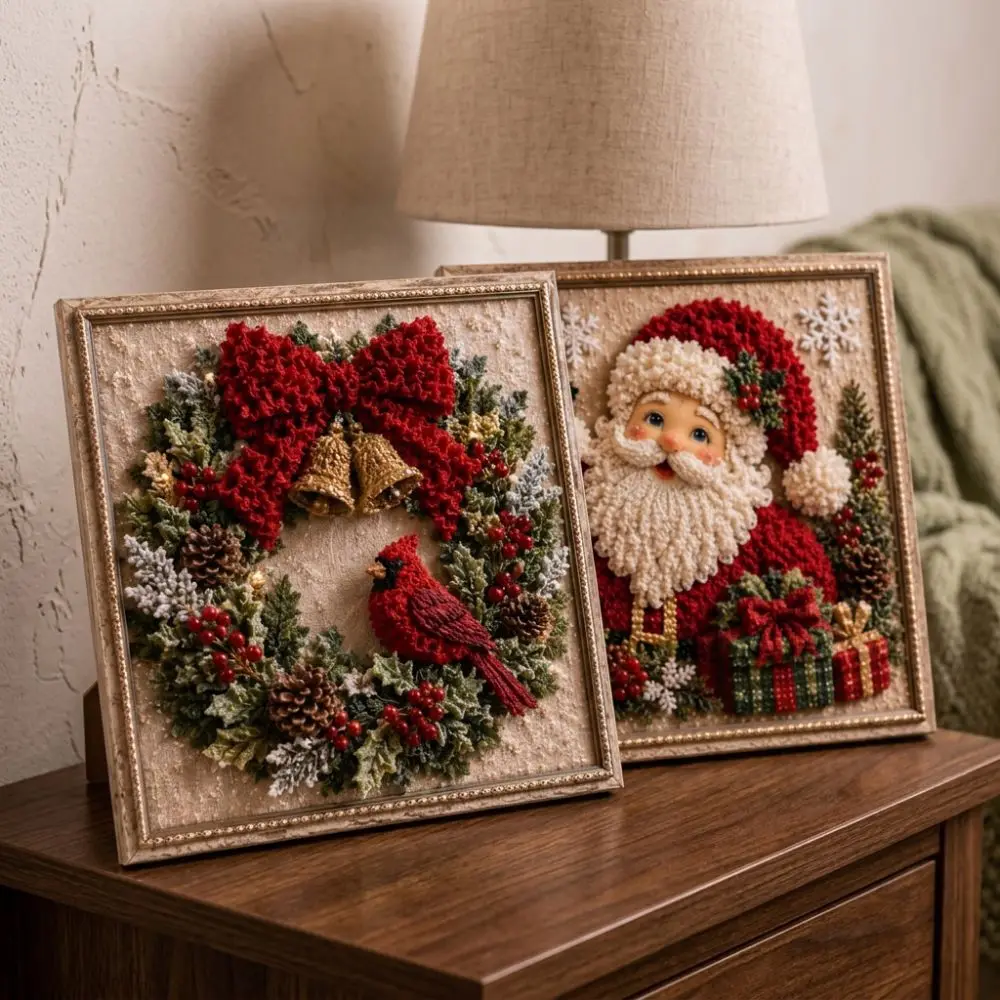 Handmade Christmas Fabric Poke Art Kit Educational Wall Hanging 3D Fabric Embroidery DIY Set Unique Vintage