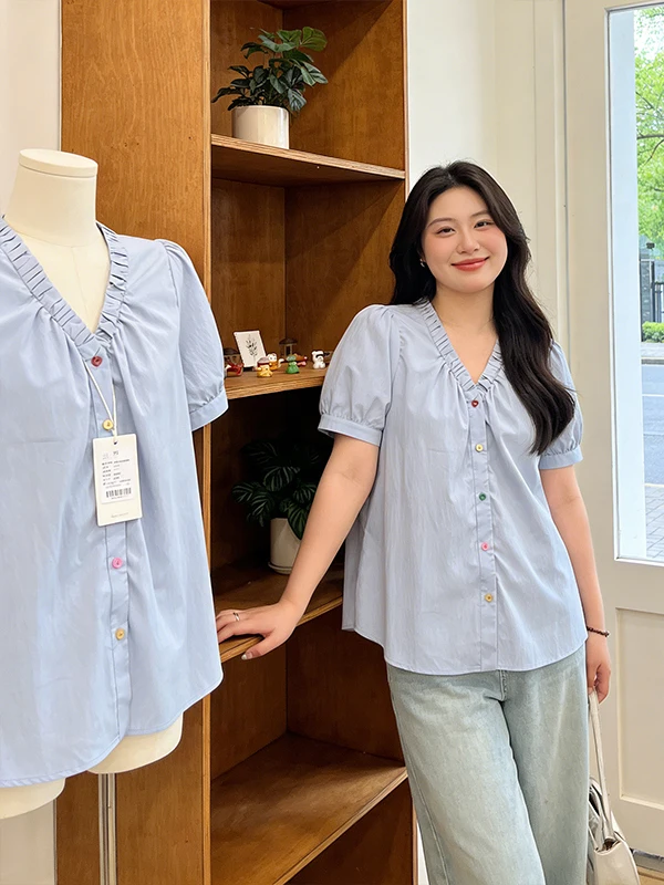 

Женская модная рубашка с V-образным вырезом и короткими рукавами, с пуговицами, в корейском стиле, с отворотом по низу, дышащая, летняя новинка