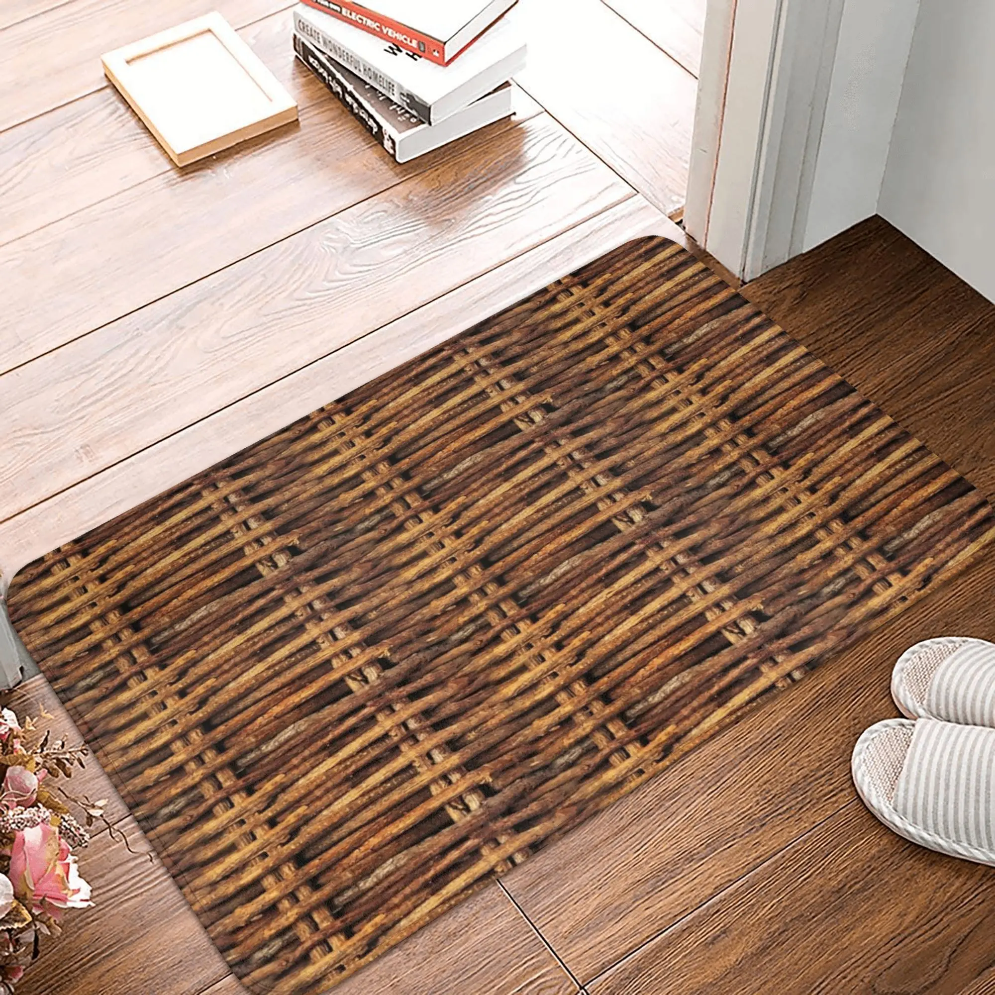 Braided Rattan Wood Wicker Printing Non-slip Doormat Floor Mat Cushion Carpet Rug for Kitchen Entrance Home Bathroom Footpad Mat