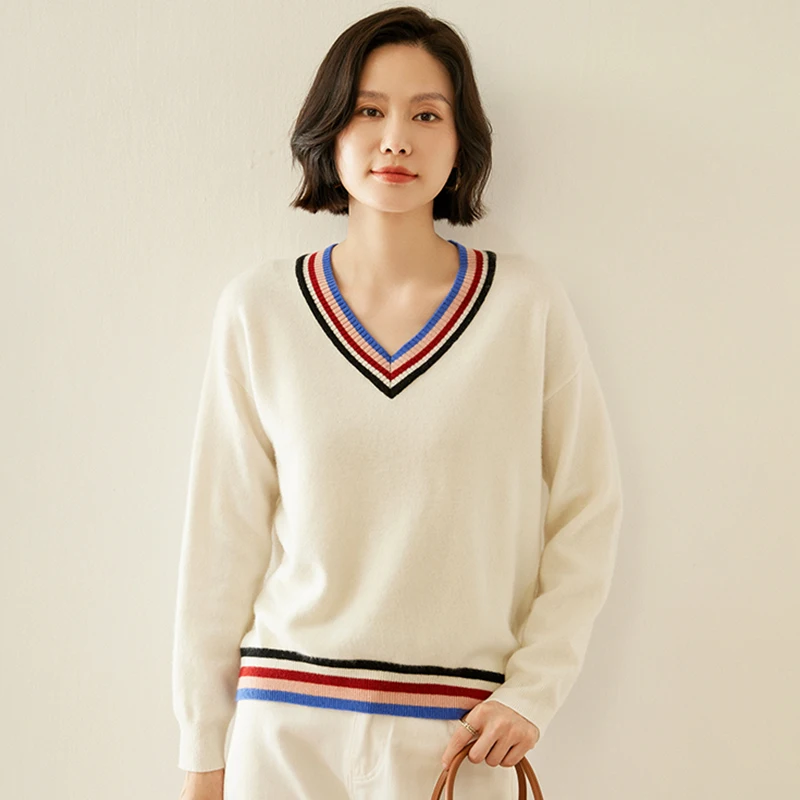 Color Blocked V-Neck Cashmere Sweater Women Spring /Autumn 2025 100% Cashmere Sweater Knitted V-Neck Pullover French Style Tops