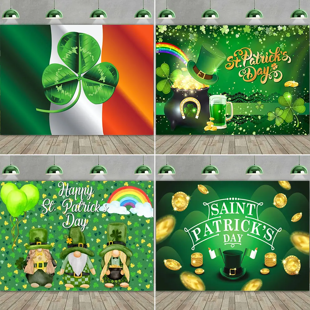 Happy St. Patrick’s Day Backdrop for Photography Clover Shamrock Hat Festival Party Portrait Photo Background Decor Prop