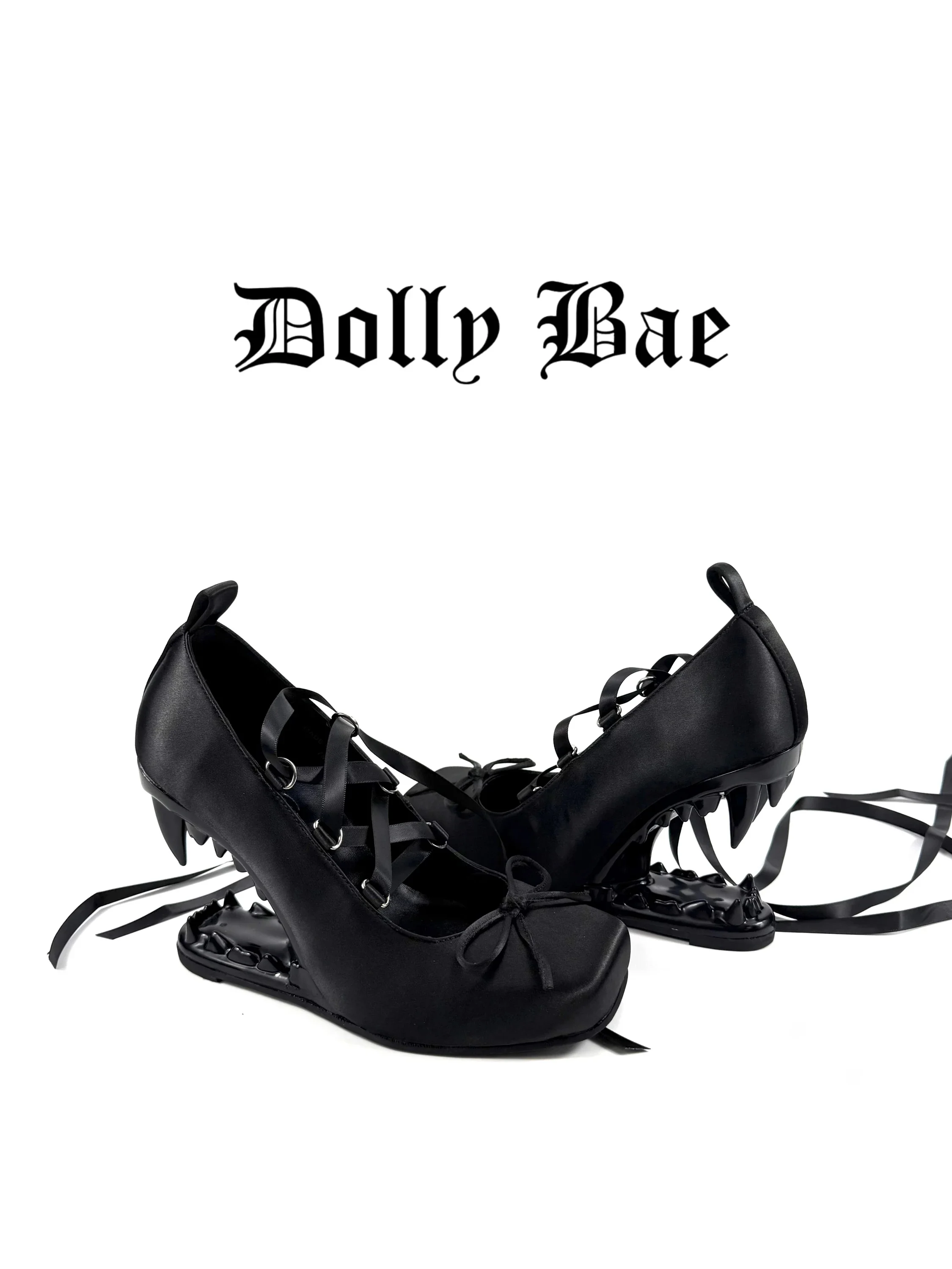 Gothic Style Fang Heel Satin Surface Square Head High Heels Subculture Chic Girl Tie Dollybae Fashion Single Shoes