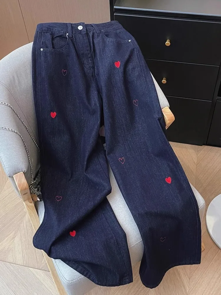 Celana Jeans Wanita Model Kaki Lebar Pinggang Tinggi Bordir Tebal Desain Retro Serbaguna Musim Semi Gugur, Efek Langsing