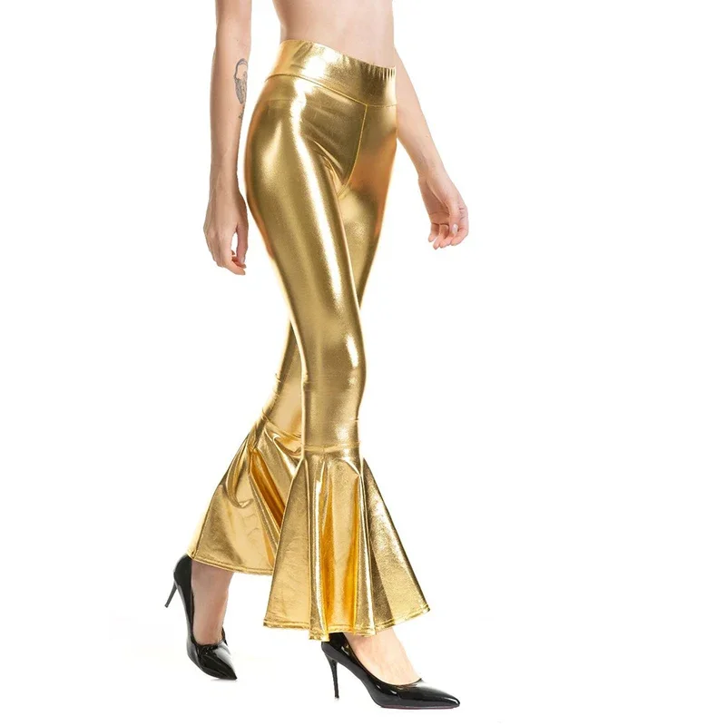 Mermaid Bell-bottom Stretch Faux Leather Trousers Women Fashion Dance Elastic Waist Bodycon Shiny Gradient High Waist Long Pants