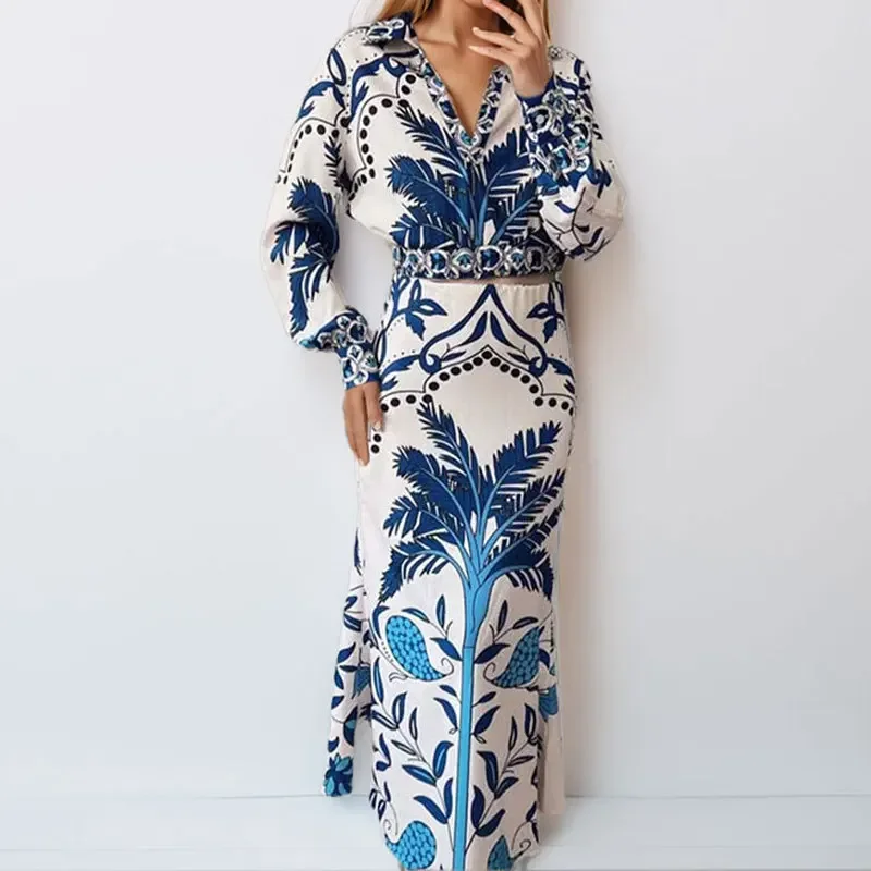 

Spring Summer Fashion Printed Two Piece Set Women Casual Long Sleeved Shirt Skirt Two Piece Set Women