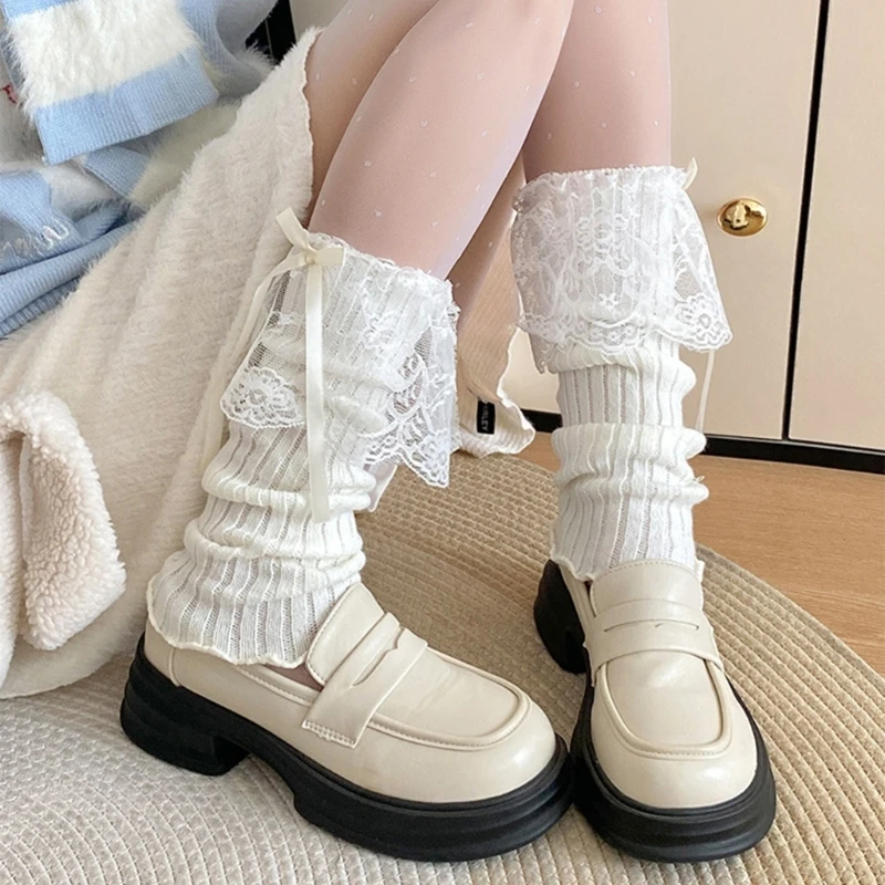 Women Ruffled Lace Trim Bows Leg Cover Long Socks Ribbed Knit Slouch Leg Warmer Dropshipping