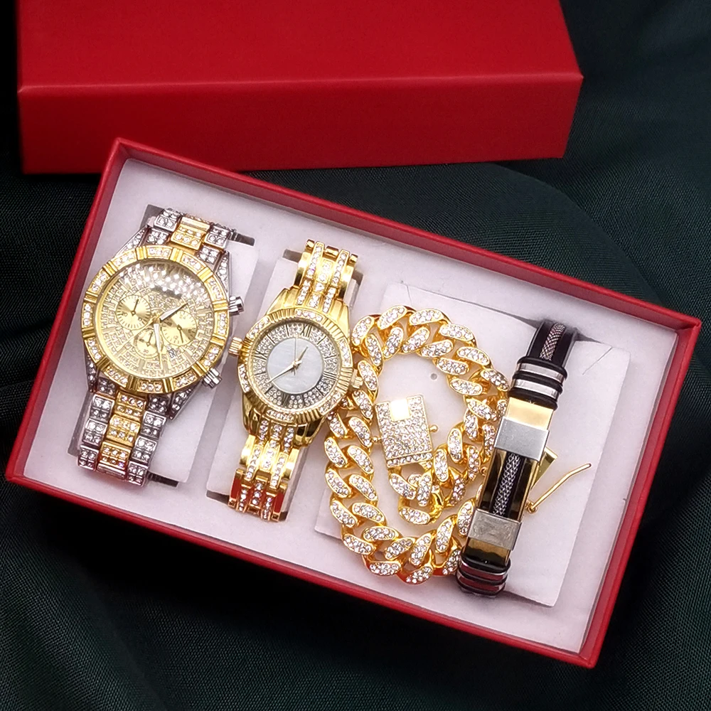 Coppia orologio 4 pezzi Set Luxury uomo donna Diamond Quartz orologi Hip Hop Shiny Crystal Reloj Mujer con bracciali per il regalo dell'amante