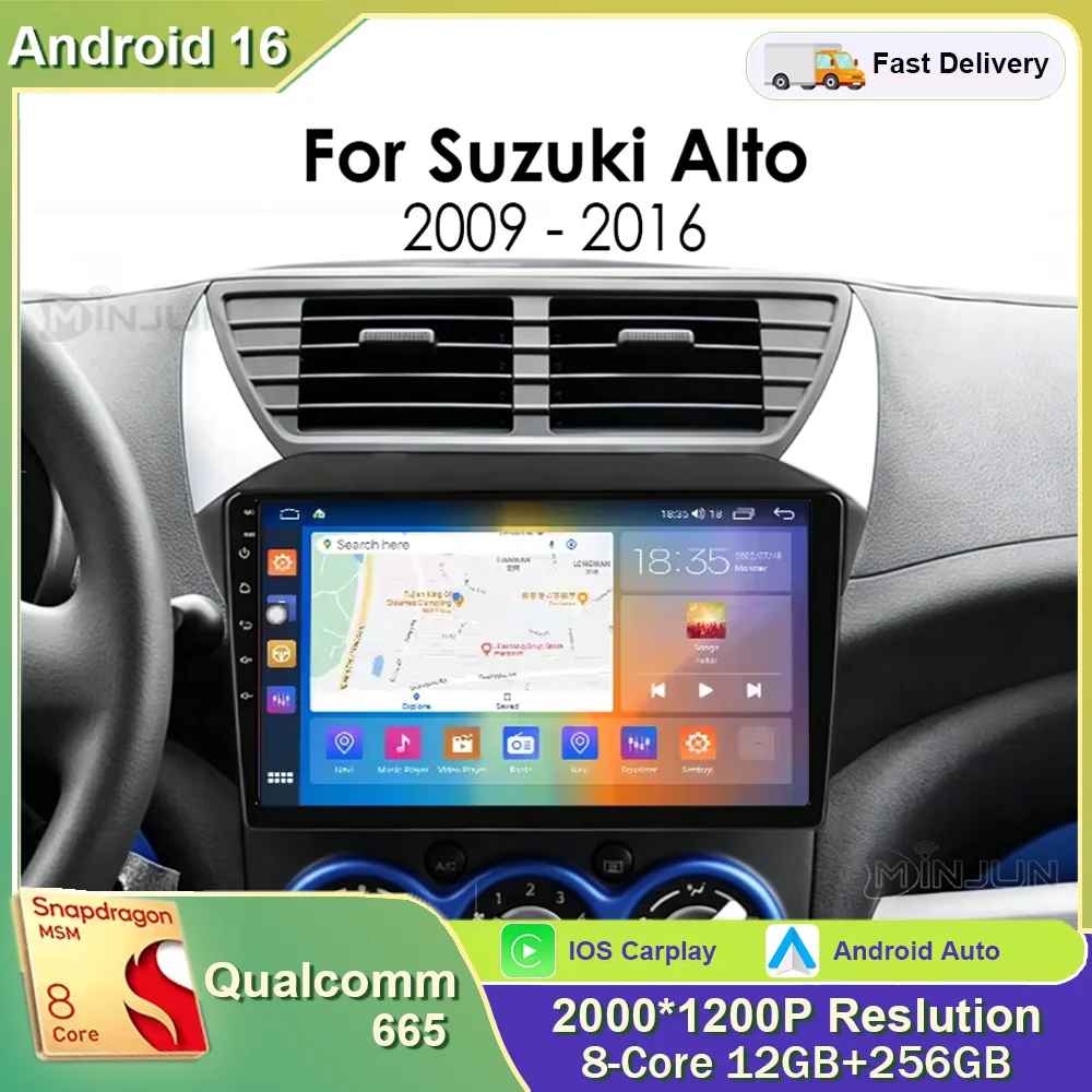 Rádio Automotivo Android 16 para Suzuki Alto 2009 2010 2011 2012 2013 - 2016 com Carplay, Reprodutor Multimídia Automotivo, Vídeo e Tela Dividida