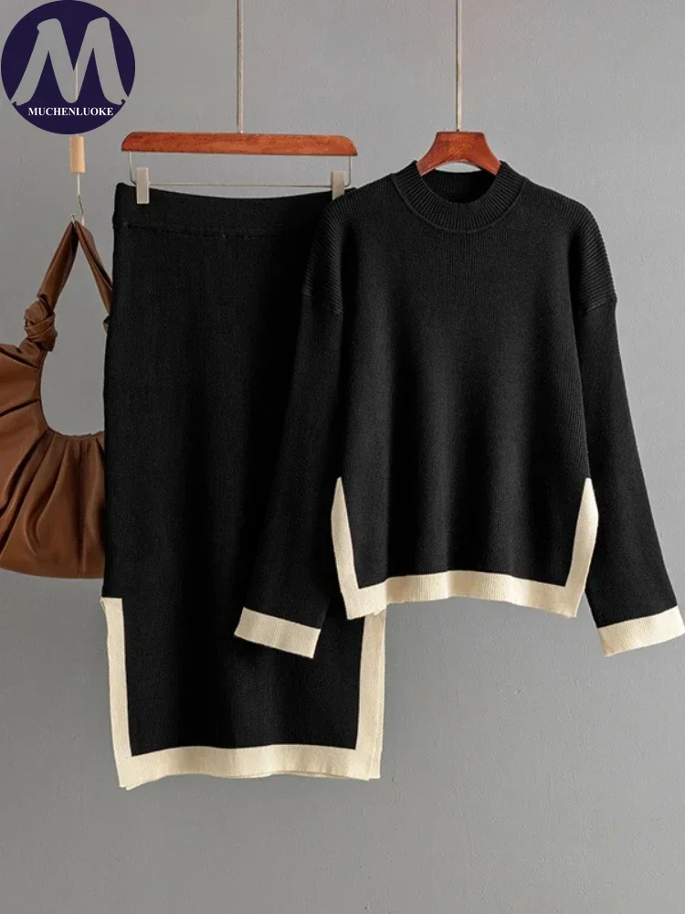 Knitted Women Dress Sets Blocking Round Neck Pullovers Top and Slit Skirt New Two Piece Set Autumn Winter Sweater Matching Sets