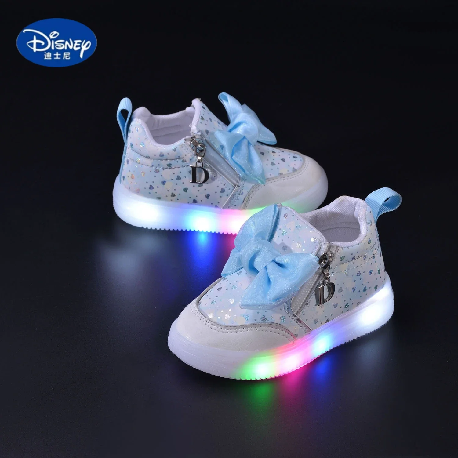 Tênis com laço iluminado Disney 2025 – Sapatos com sola macia com tema de princesa para meninas, sapatos casuais confortáveis e modernos
