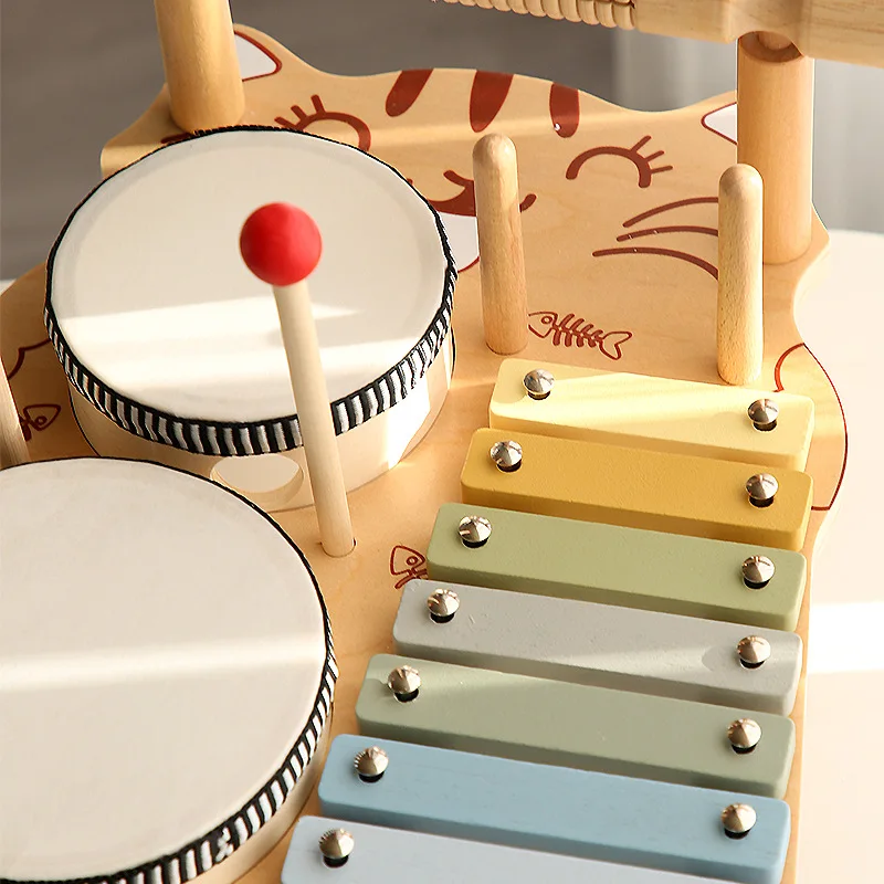 Gatinho estação de música piano versão instrumentos de percussão de madeira brinquedos conjunto tambor musical kit música de madeira bebê sensorial crianças tambor