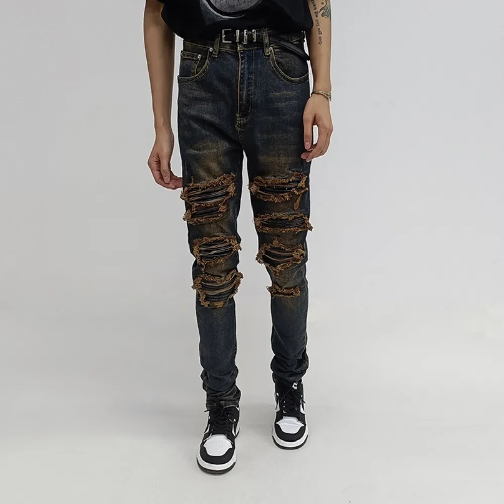 High Street Jeans Pants Men's Mud Old Handmade Distressed Spliced Patched Casual Elastic Slim Fit Small Leg Jeans Pant