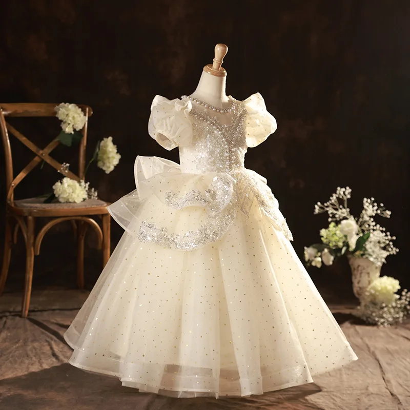 Vestido de baile brillante para bebé, vestidos de niña de flores con perlas y lentejuelas, vestidos de fiesta de cumpleaños de graduación de princesa