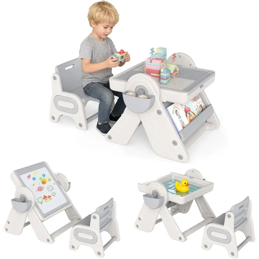 Multifunctional Height-Adjustable Art Easel with Whiteboard, Building Blocks, Bookshelves, and Storage for Toddlers (Gray)