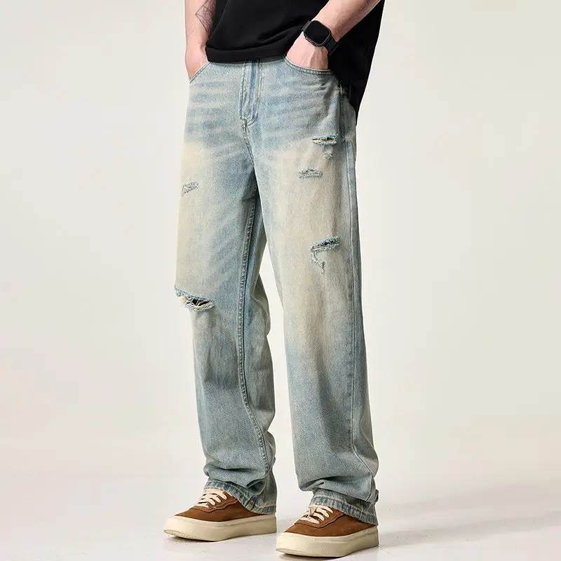 Men's Fashion New Style 2025 Spring/Summer Youth Casual Loose Hole Straight leg Jeans ripped jeans wide leg jeans