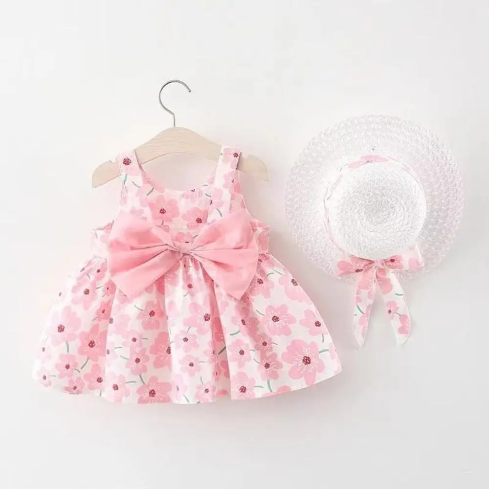 Soft Bowknot Baby Girl Princess Dress Summer Cotton Floral Dress with Hat Sweet Loose Kids Flower Dress Birthday Gift