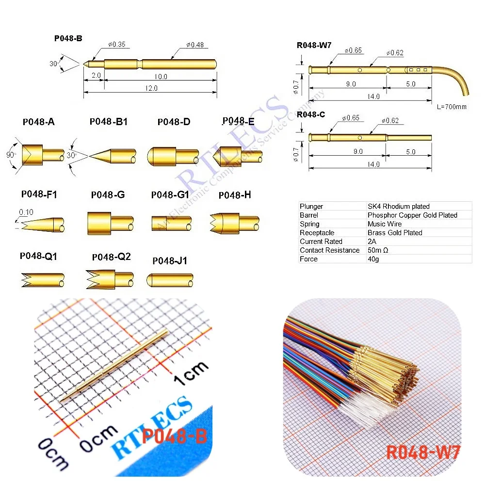 100Pcs 0.9 MM Pitch Min Spring Test Probe P048 Bare PCB Testing Pin Gold Plated Length 12.0 MM Socket Receptacle 0.48MM Diameter