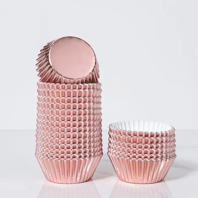 100pcs Rose Gold 50*30mm Promotion Aluminum Foil Paper Cupcake Cases with OPP Bag Packaging Chocolate Mould