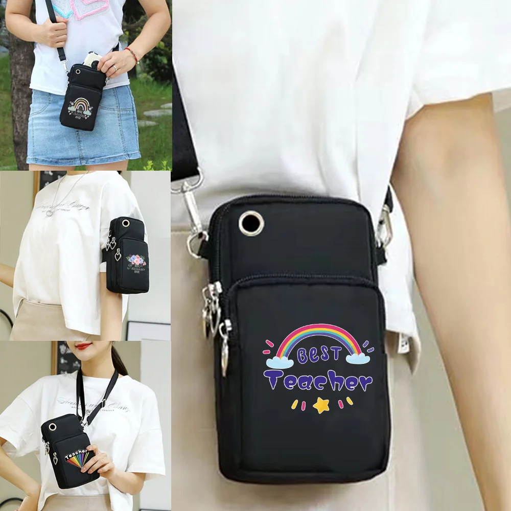 

Casual Mobile Phone Bag Teacher Printing Mini Double Layer Bag Zipper Purse Multi-layer Outdoor Travel Adjustable Shoulder Bags