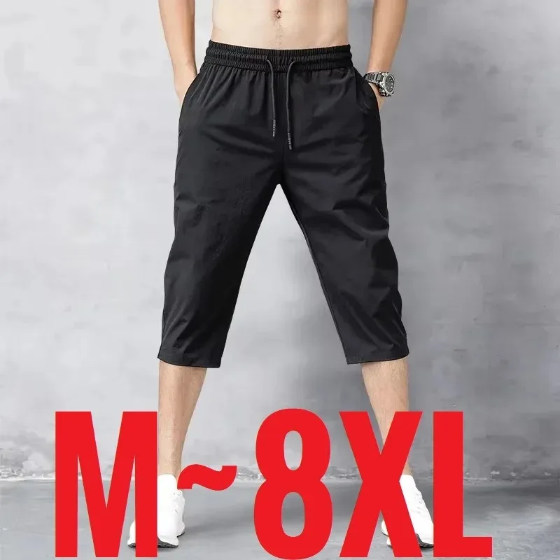 8XL 3/4 Length Men's Shorts Plus Size Quick Drying Ice Silk Sport Shorts Summer Breeches Bermuda Carpi Pants Elastic Big Size