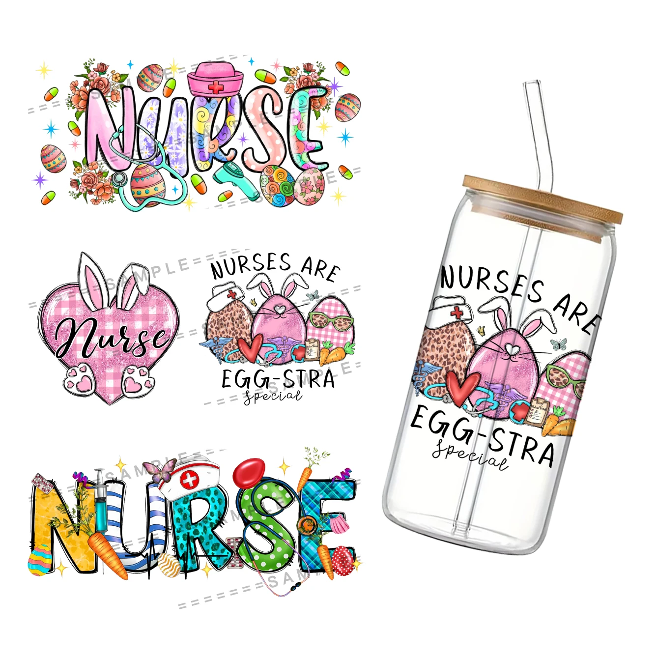 Easter Theme 3D Waterproof UV DTF Cup Wrap for 16Oz Libbey Nurse Glass Can DIY Transfer Sticker