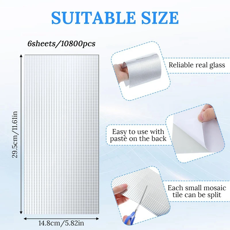 【PARTY】6 Sheets Disco Tiles,Silver Mini Square Mirror Tiles Self Adhesive Mirror Mosaic Tiles Glass Disco Ball Tiles