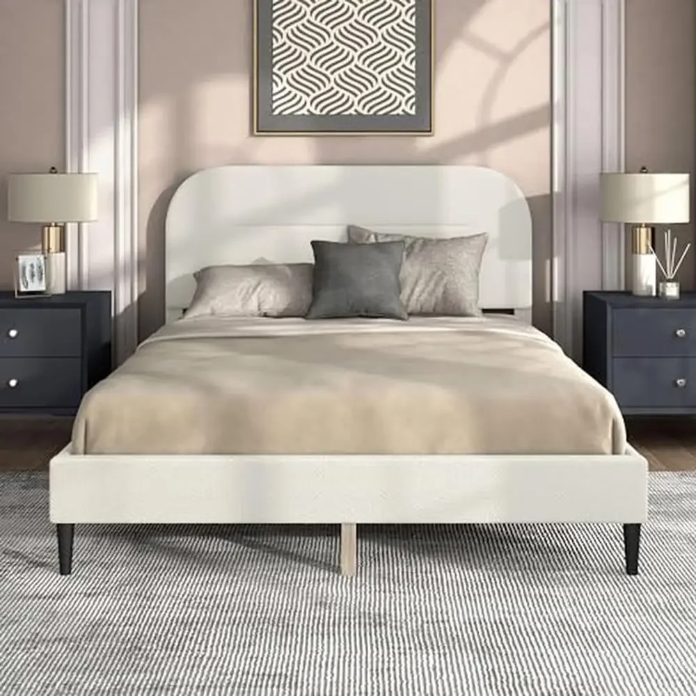 Modern Boucle Queen Platform Bed Frame with Adjustable Rounded Headboard and Solid Wood Legs Bedroom Guest Room Queen Size