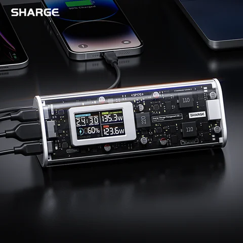 SHARGE Power Bank 24000mAh 170W Output Fast Charge with IPS Smart Screen Display IP66 Waterproof for MacBook Tablet iPhone 15pro