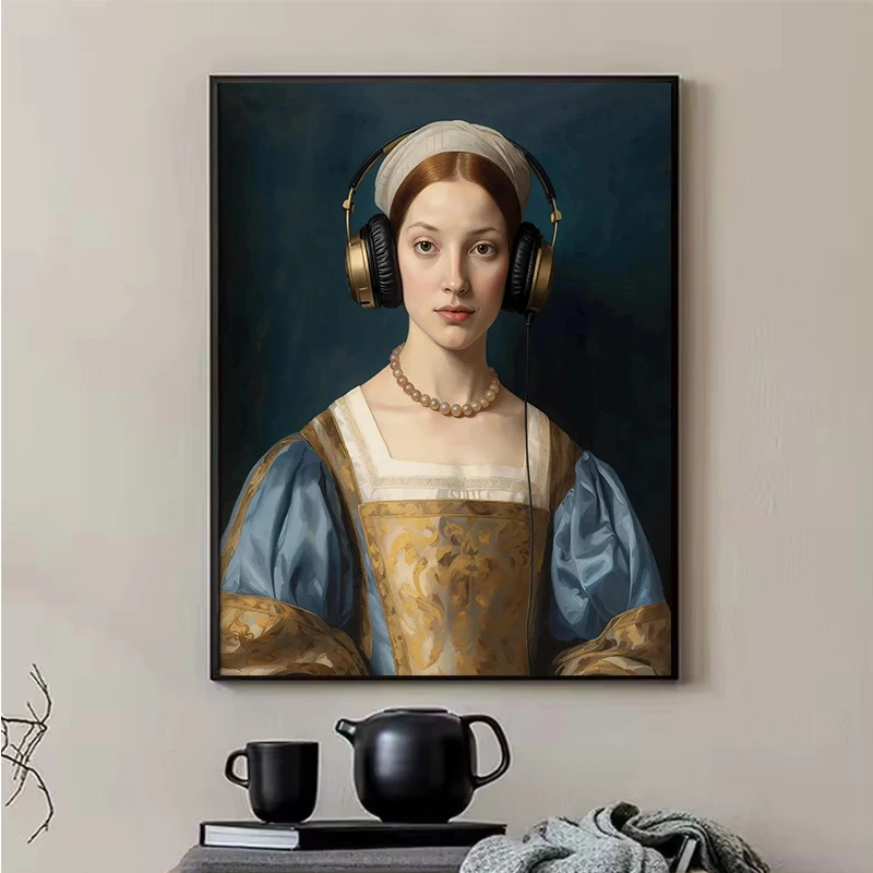 امرأة عصر النهضة ترتدي سماعات الشكل المشارك طباعة خمر تغيير الفن قماش اللوحة الباروك غرفة نوم ديكور المنزل الصورة #3
